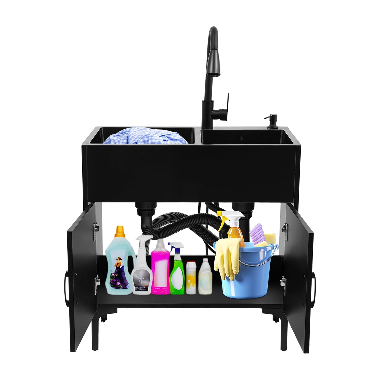 30-Inch Laundry Sink with Cabinet and Pull-Out Faucet, Stainless Steel Utility Sink with Cabinet, Freestanding Kitchen Sink Cabinets for Laundry & Utility Room Kitchen Bathroom