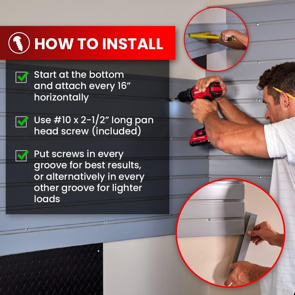 Heavy Duty 8x4 PVC Garage SlatWall Storage System (with Endcaps & Screws) - Modular Slat Wall Paneling for Garage Wall Organizer - Interlocking SlatWall Panels for Home & Commercial Use (White)