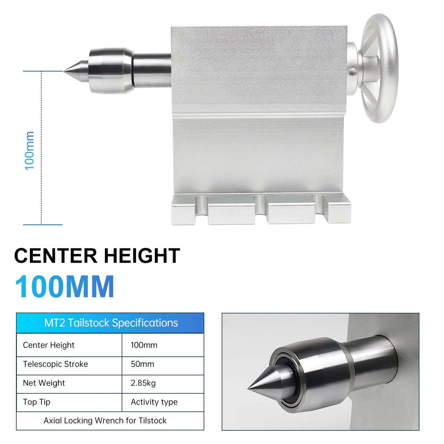 RATTMMOTOR 100mm Center Height MT2 Tailstock, Morse Taper 2 Live Center Movable Woodworking Lathe Chuck Handle for CNC Router Rotary Table 4th Axis