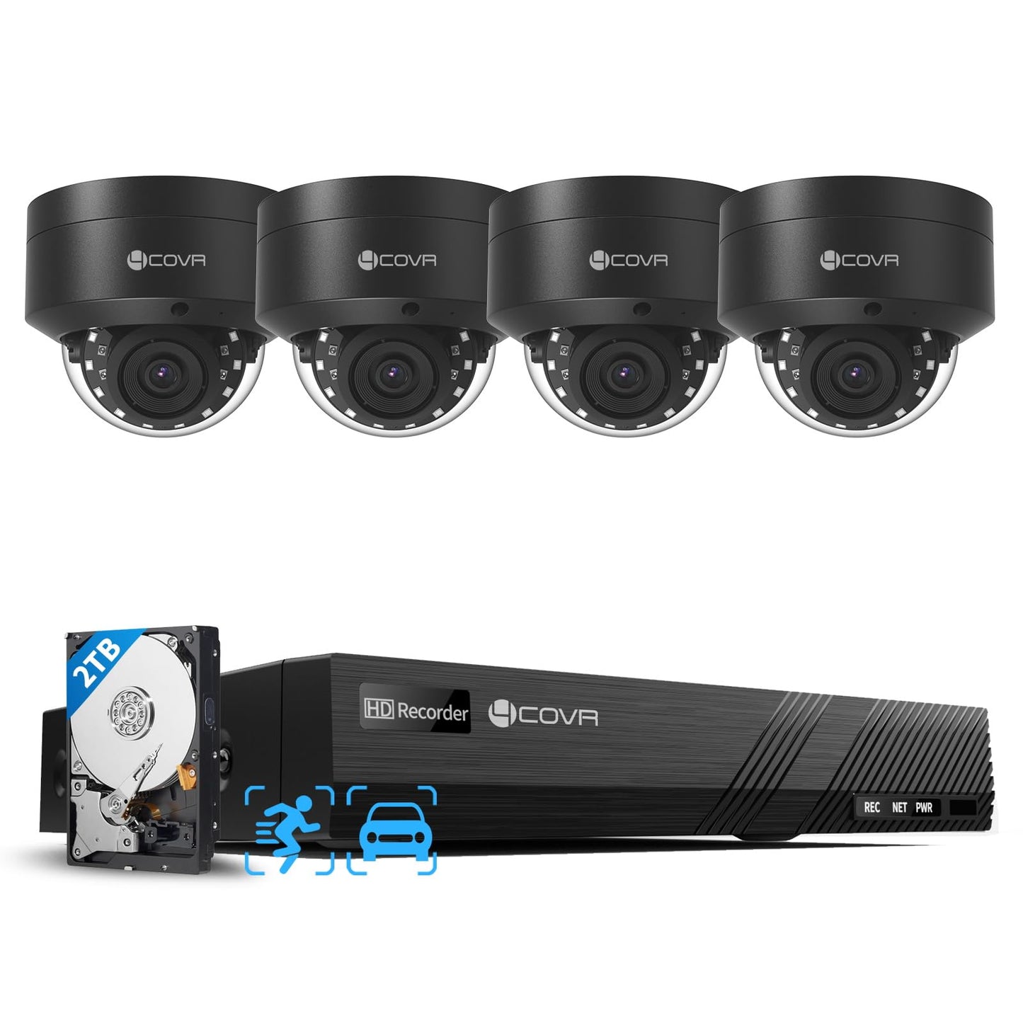 4COVR 4K PoE Security Camera System, AI Human Vehicle Detection, 4Pcs 8MP IK10 Vandal-Proof Dome IP Camera with Mic, 8CH 8MP H.265 NVR with 2TB HDD, IP67 Home Weatherproof Outdoor, LY54AB8M0804