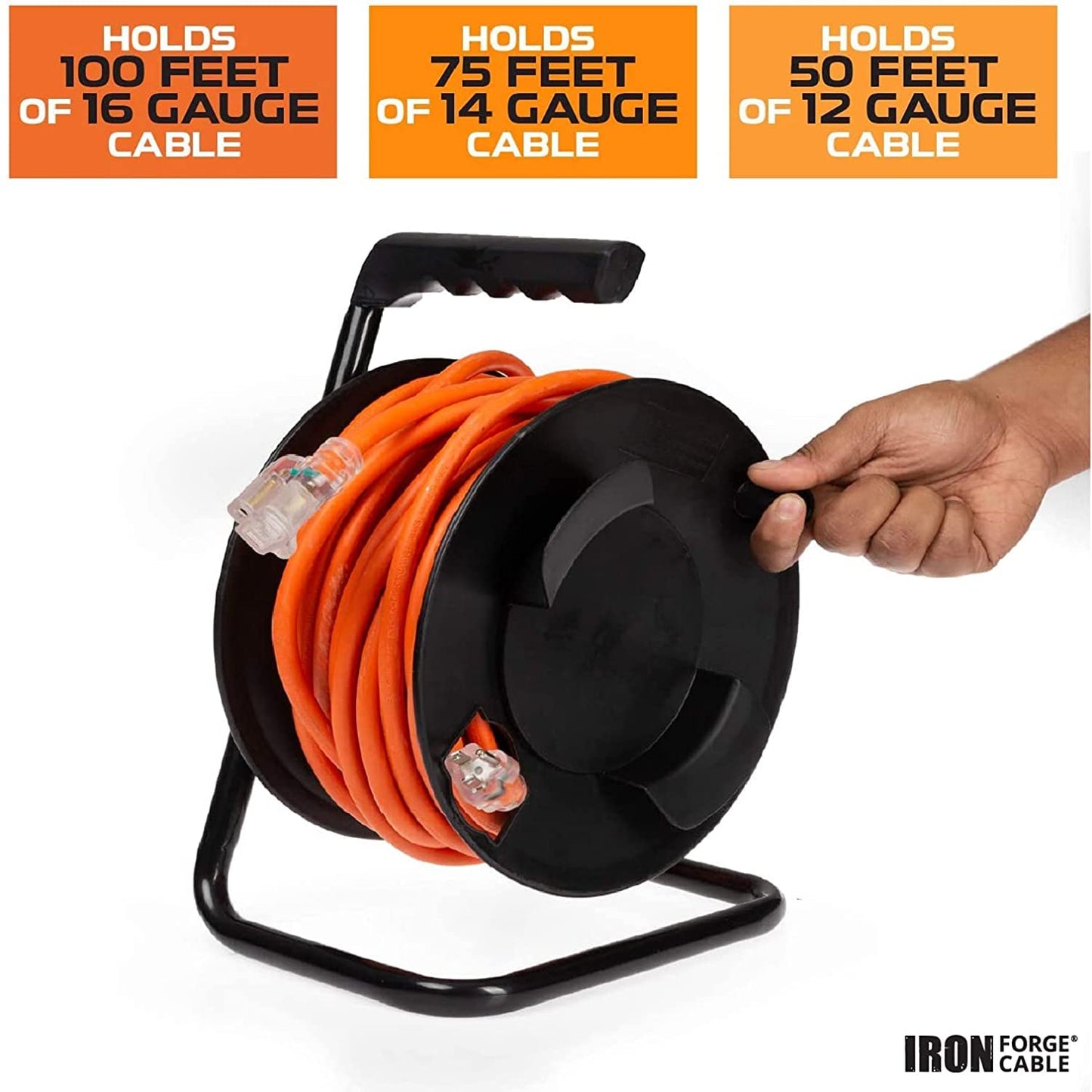 IRON FORGE CABLE Extension Cord Storage Reel with Metal Stand, Black - Portable Cable Reel That Holds Up to 100 Ft of Extension Cords, Hose, or Rope