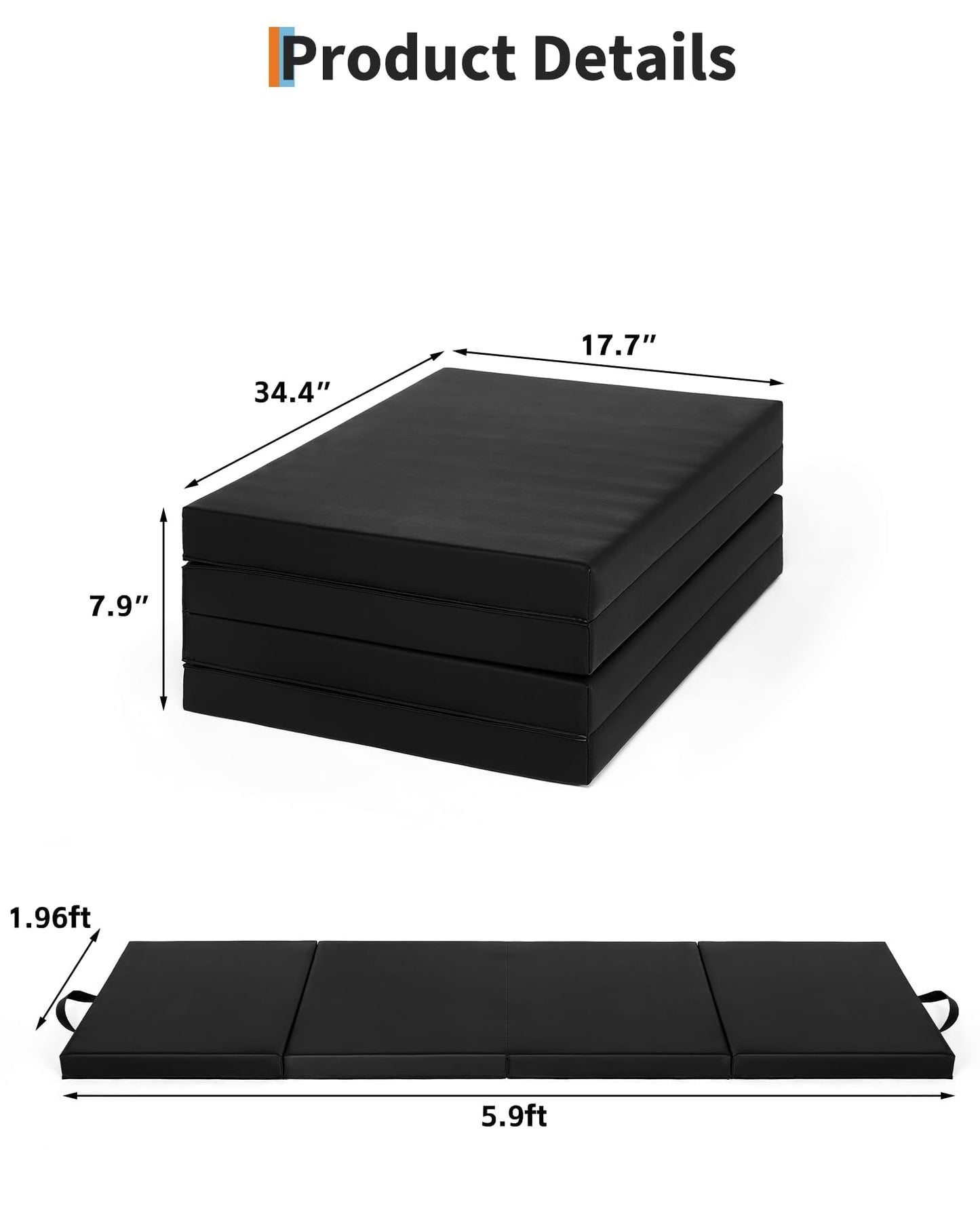 6x2 ft Portable Four-Fold Gymnastics Mat, 2 Inch Thick Tumbling & Exercise Pad, Folding Floor Mat for Home Workouts, Yoga, Pilates, Aerobics and Martial Arts Training, Black