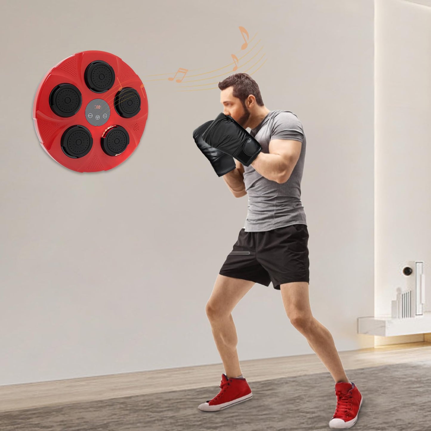 Wall Mount Boxing Machine Trainer, Music Interactive Punch Pad with Red & Black Gloves, Home Fitness Training Equipment for Cardio, Stress Relief, Adults & Teens