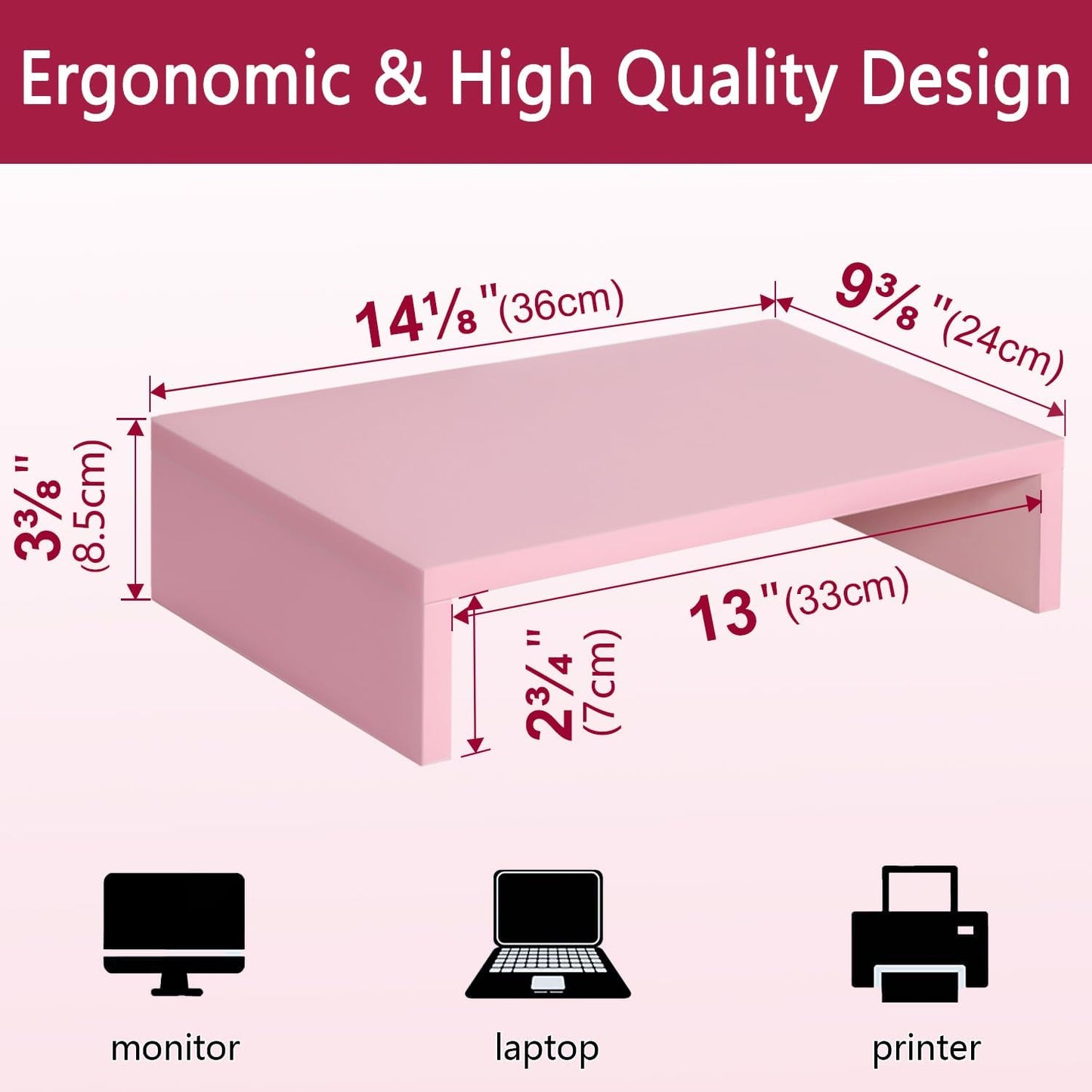(Pink-14.2 inch) TEAMIX Pink Monitor Stand Riser, Wood Monitor Riser with Storage for Desk Small Monitor Stand
