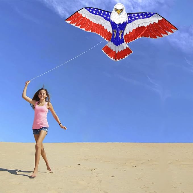 HONBO Huge Patriotic Eagle Kites for Adults and Kids,Easy to Fly for Beach Trip, Outdoor Activities-Wingspan 73”-200ft Line with Swivel-Bonus Durable Polyester Bag