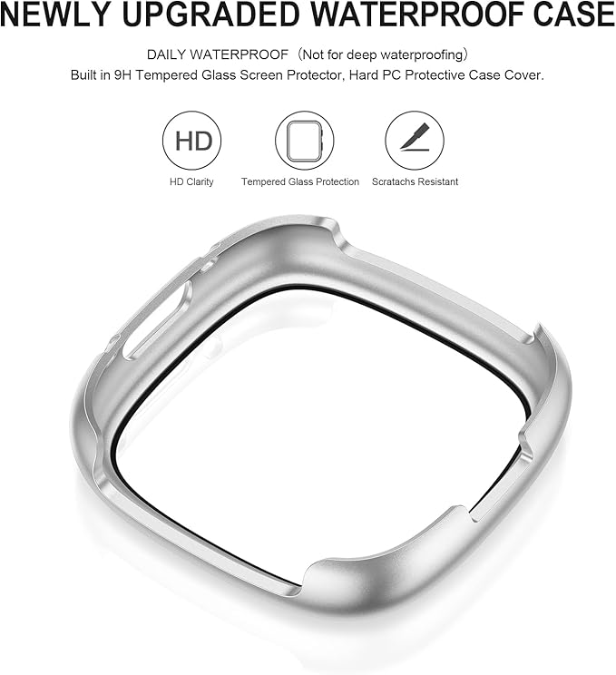 Vancle Case for Fitbit Versa 4 / Fitbit Sense 2, 4-Pack Screen Protector Tempered Glass Full Around Hard PC Case with Sensitive Touch Film Protective for Fitbit Sense 2 / Versa 4(Black + Transparent + Silver + Rose Gold)