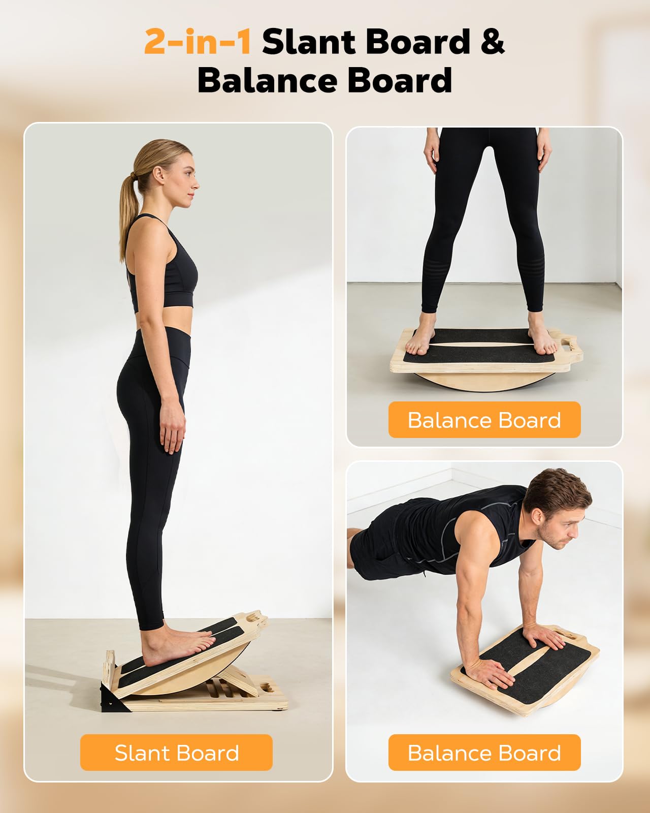 MoKo 2-in-1 Wooden Slant Board & Balance Board, 4 Adjustable Inclines Calf Stretcher for Knees, Ankles, Heels, Feet and Legs, Non-slip Stretch Boards Support up to 220lbs