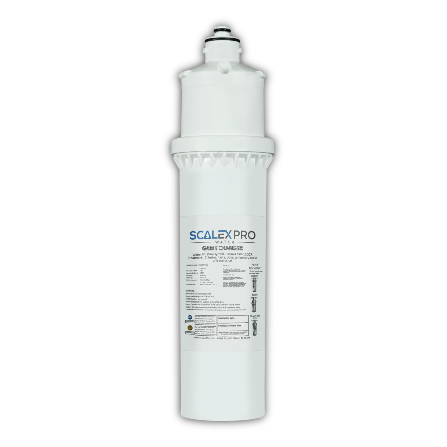 ScaleX Pro Game Changer 12” Hard Water Scale Prevention Filter – Salt-Free NAC Technology Prevents Scale Up to 26 Grains, Removes Chlorine & Other Common Municipal Water Chemicals, 6,000 Gallons