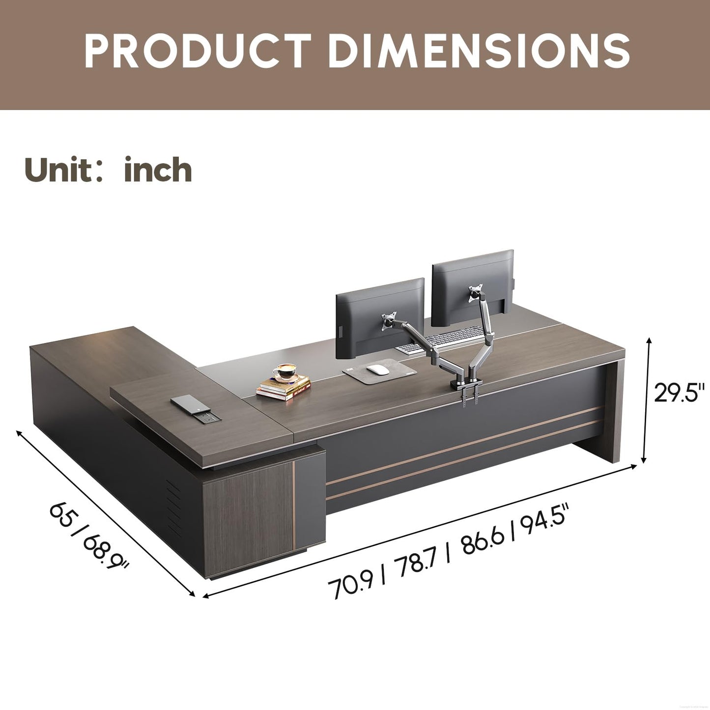 ZIMASYA Reversible L-Shaped Executive Desk with Drawers, Storage Cabinet, Built-in Power Hub & Privacy Panel, Obsidian Grey & Mocha Walnut (79" L * 65" W * 30" H)