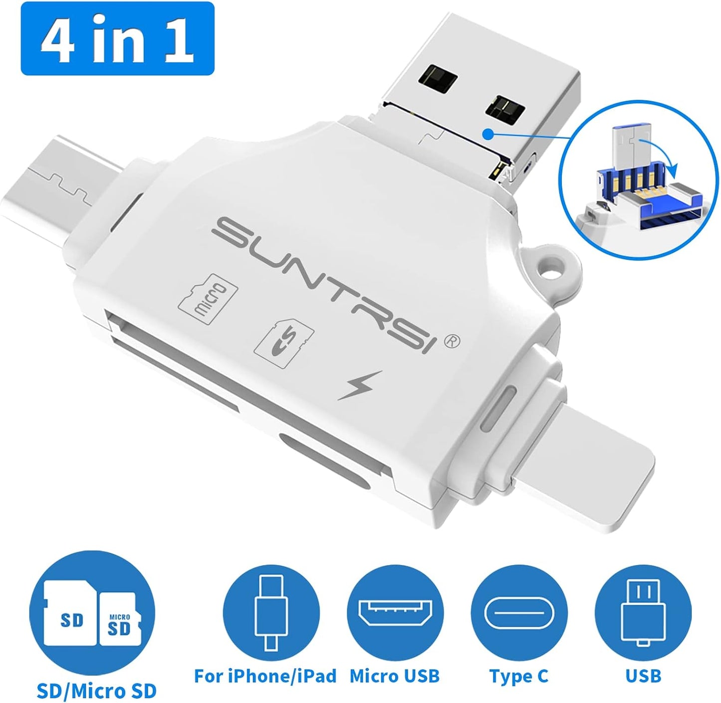 SUNTRSI 4 1 SD/Micro SD Card Reader for iPhone/ipad/Android/Mac/Computer/Camera,Portable Memory Card Reader in Micro SD