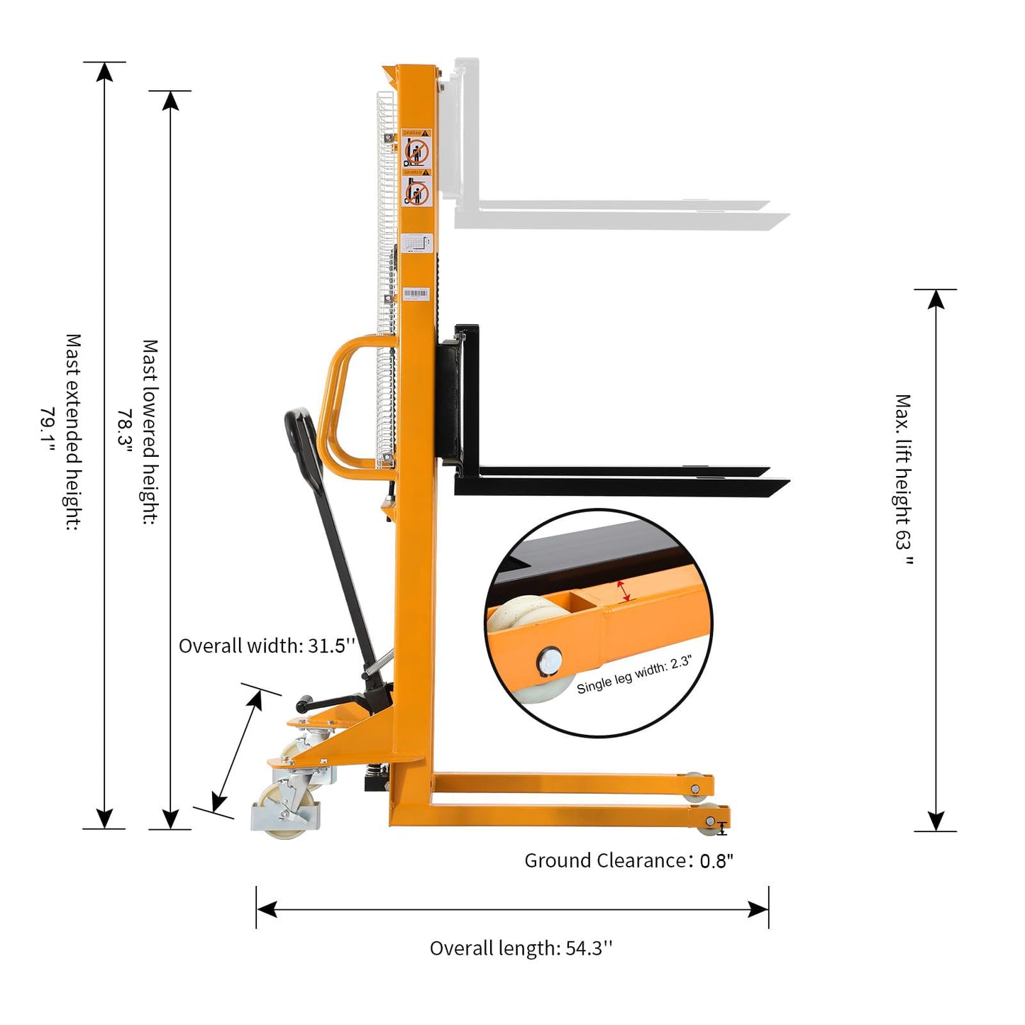 APOLLOLIFT Manual Stacker Hand Pallet Forklift 1100lbs Capacity 63" Lifting Height with Fixed Legs and Adjustable Forks Suitable for Open Bottom Pallet