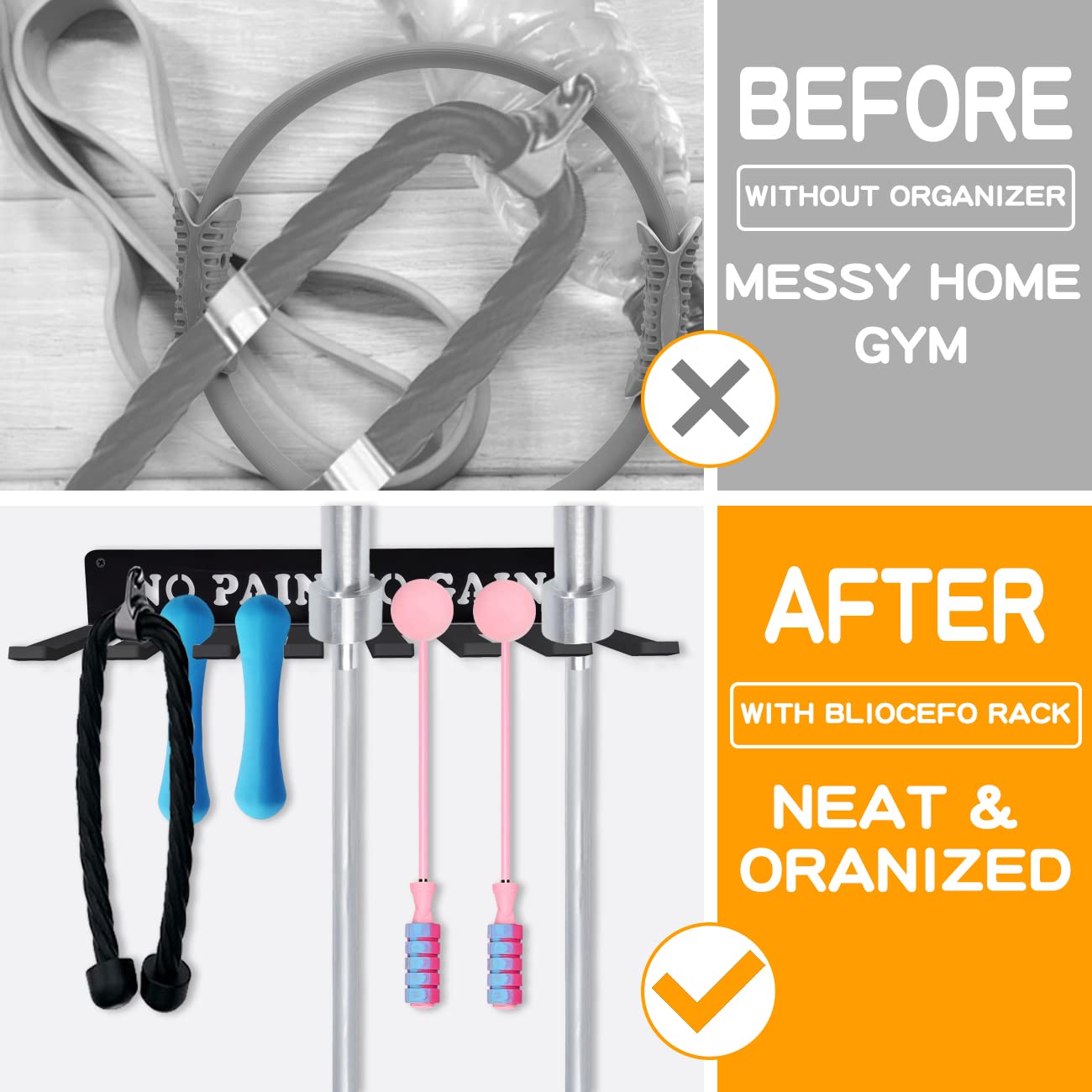 Gym Home Rack 8 Hook Heavy-Duty Wall-mounted Organizer Multi-Purpose Workout Gear Wall Hanger Storage for Resistance Bands Jump Ropes Lifting Belt Fitness Bands Barbells Carabiners Included (NO PAIN NO GAIN)