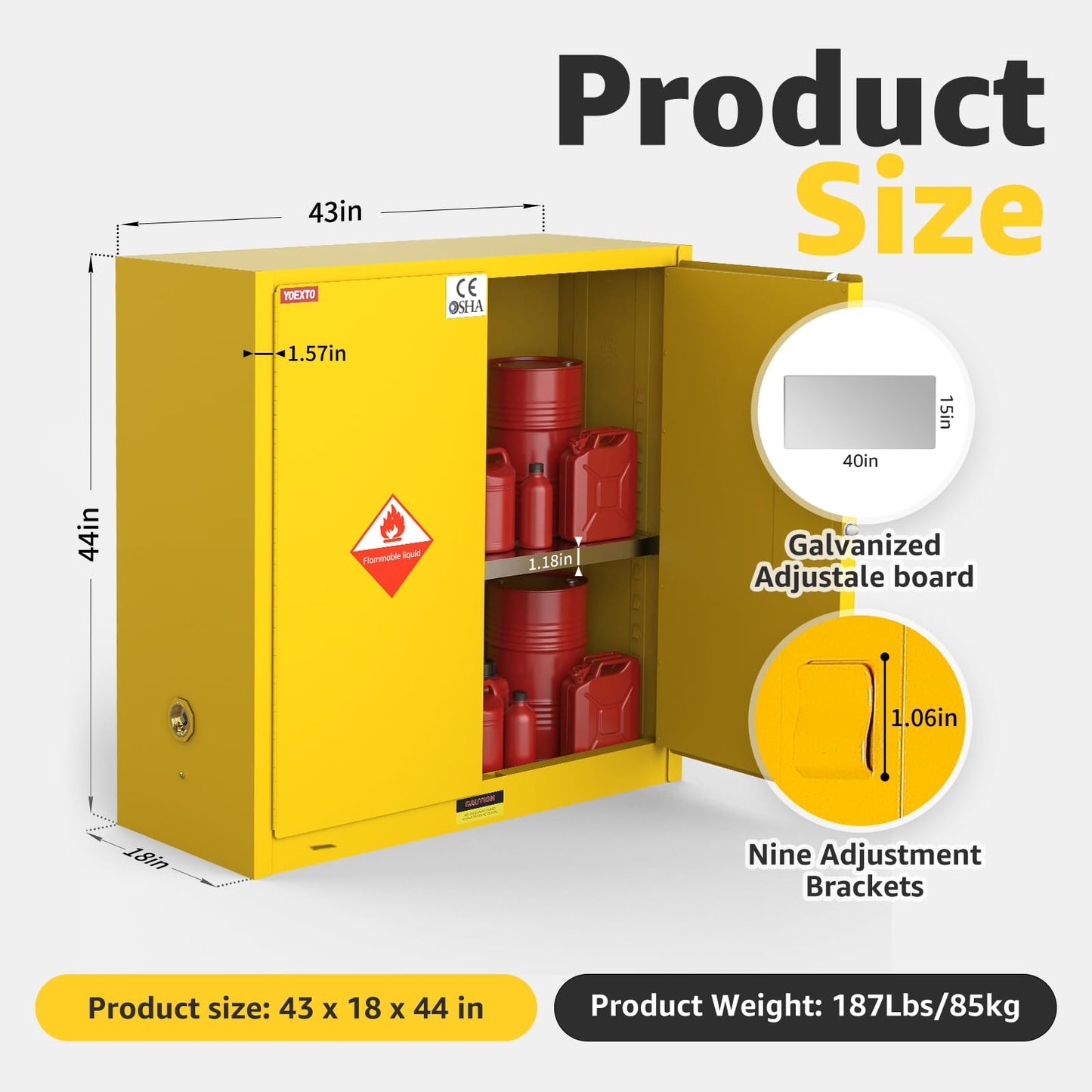YOEXTO 45 Gallon Flammable Storage Cabinet, W 43 x D 18 x H 44 in fire Resistant Cabinet, Galvanized Steel Flammable Liquid Storage Cabinet, Chemical Fireproof Cabinet, Adjustable Shelves, Yellow