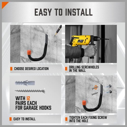 HORUSDY Heavy Duty Metal Wall Hooks - 12-Pack for Garage Storage & Organization | Black J Hooks