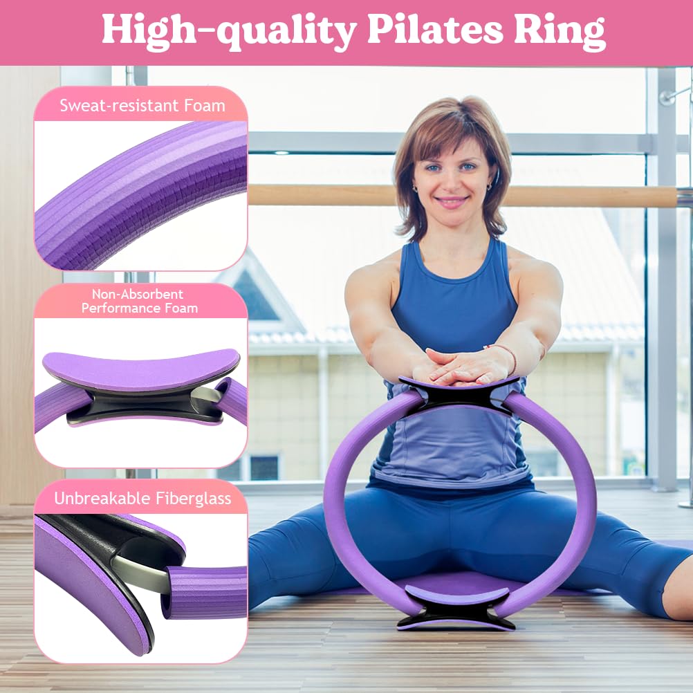 Karltion Pilates Ring 13 Piece Set,Pilates Kit for Women Exercise Equipment Accessories Deformation Magic Circle with Padded Handles, Workouts Ball, Guide & Bag, Resistance Bands for Legs Arms-Purple