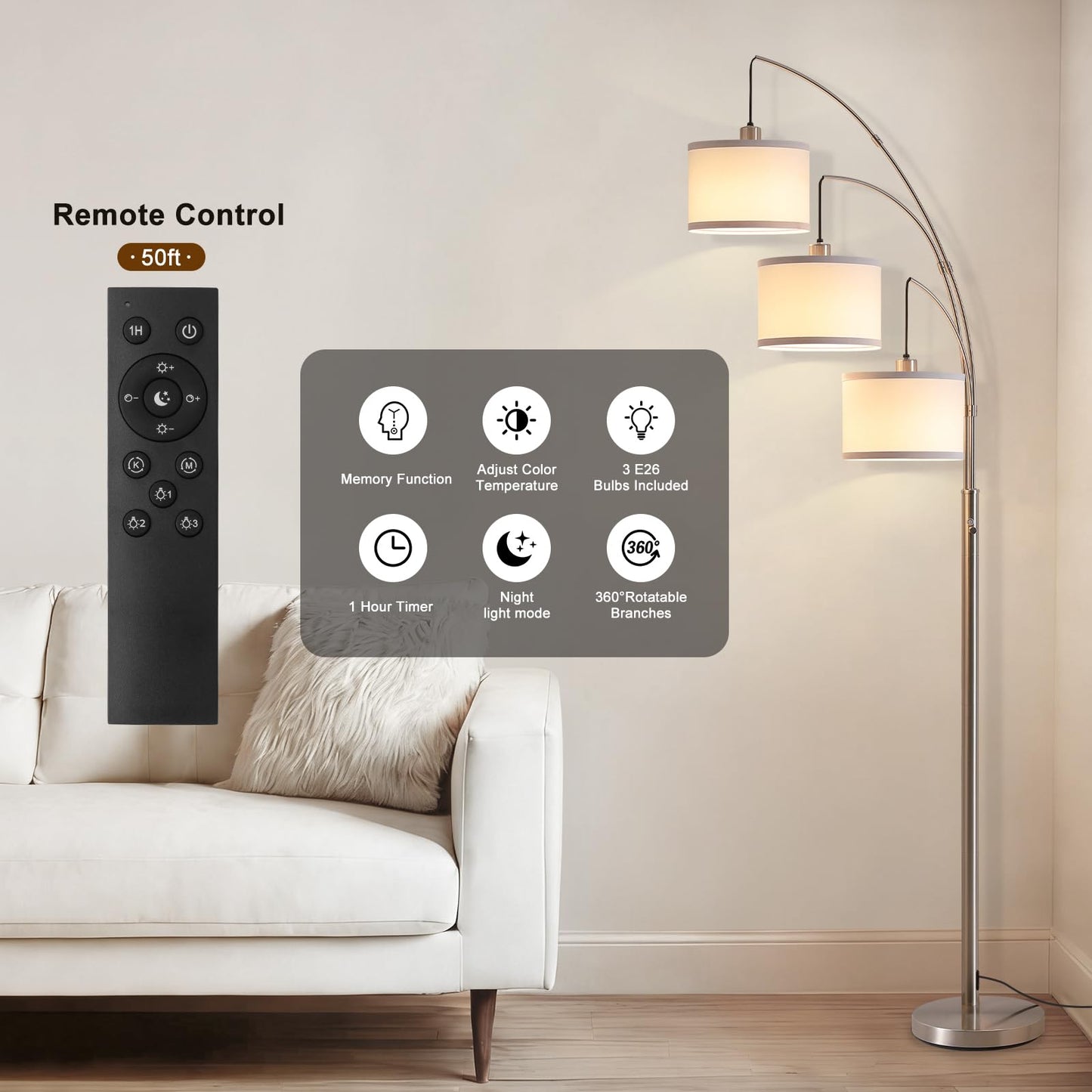 Fansdrick Floor Lamps for Living Room, 2400LM Super Bright Arc Floor Lamp with Remote Control, 3 Light Tall Floor Lights with Stepless Dimmable, 80" Mid Century Tree Floor Lamp for Bedroom, Office