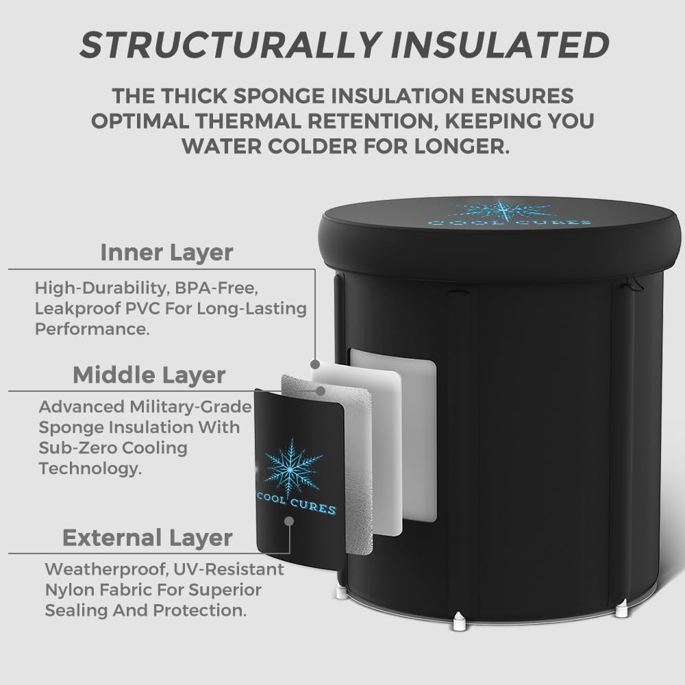 Coolcures Portable XL Ice Bath Tub - 105 Gal Ice Plunge Tub for Athletes, Recovery & Hot/Cold Therapy - Easy Setup Cold Plunge Tub with Lid & 5-Layer Insulation - Fast Drainage Inflatable Ice Bath