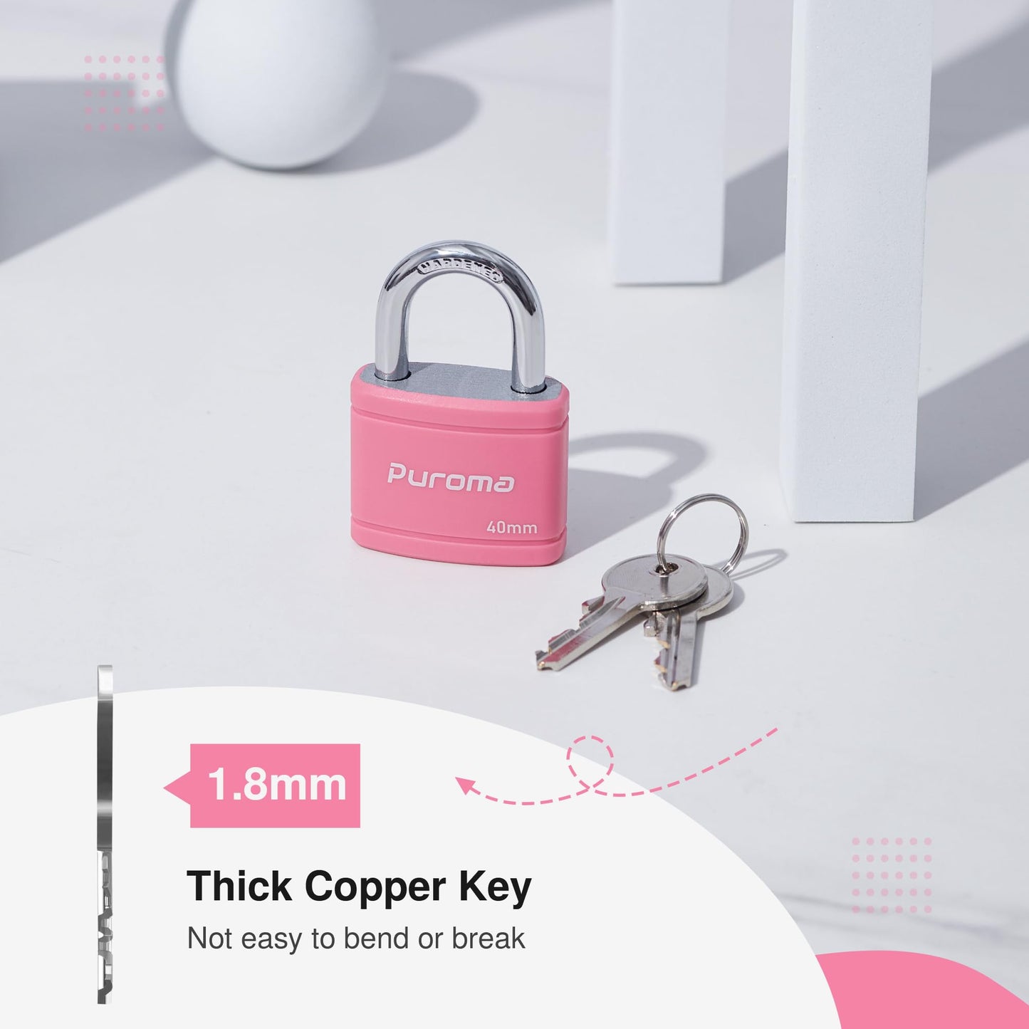 Puroma Keyed Padlock with 2 Keys Alike, 7/8 Inch Locker Lock 40mm Heavy-Duty Locks for Gate Fence Hasp Cabinet Toolbox School Gym Locker (Pink)