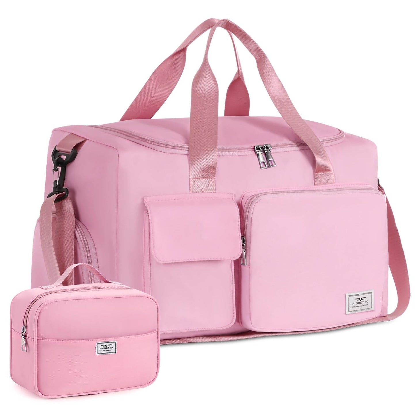 FIORETTO Women's Gym Duffle Bag with Shoes Compartment, 30L Capacity, Ideal for Travel, Gym, Sports, Duffel, Weekender, with Toiletry Bag, Pink