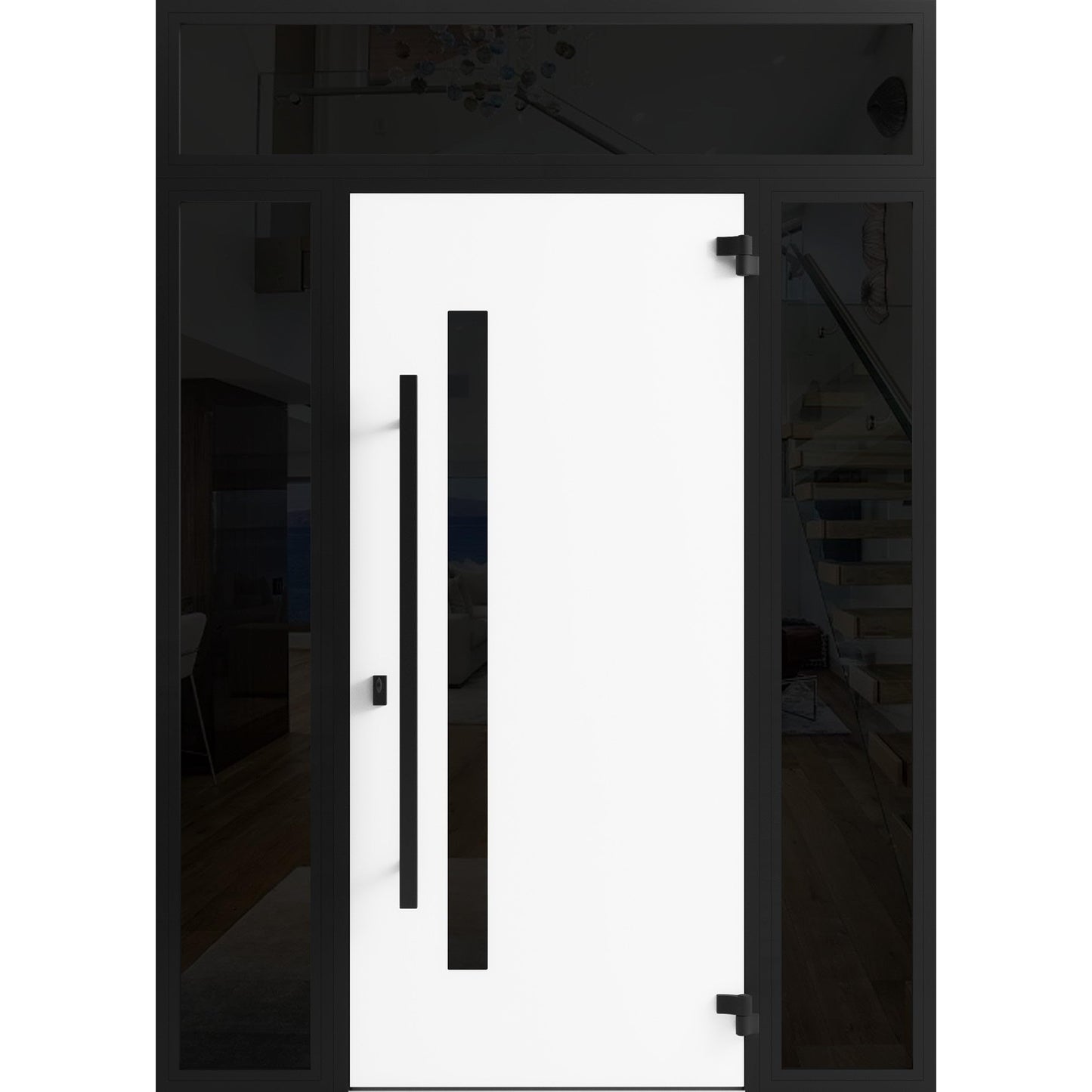 VDOMDOORS Front Exterior Prehung Steel Door/Ronex 0144 Grey / 2 Side and Top Exterior Window Sidelite/Entry Metal Modern Painted W16+36+16" x H80+16" Left Hand Inswing