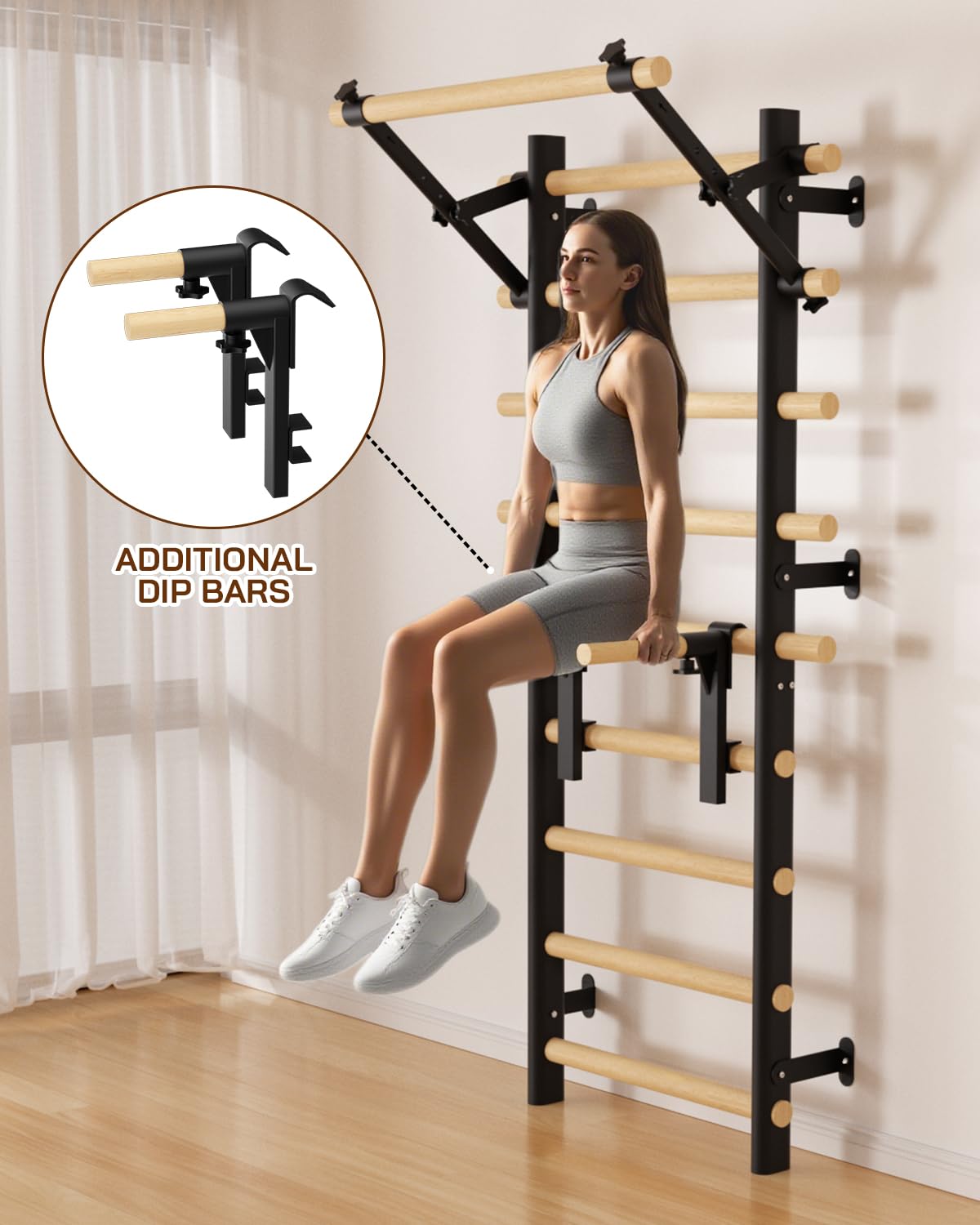 Cofiyard Swedish Ladder Wall Gym, Wooden Wall-Mounted Stall Bars with Pull-up Bar & Exercise Straps & Dip Bars, Stretching Ladder Full Body Home Gym Adults New