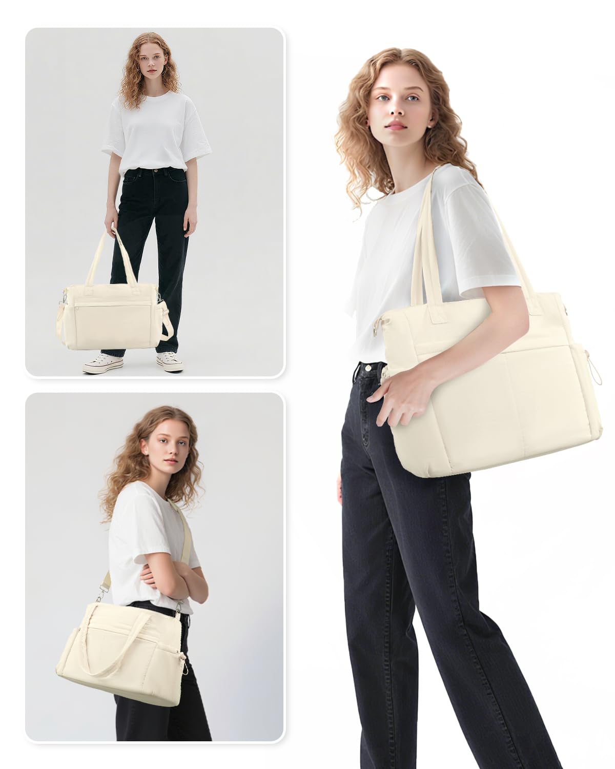 Tote Bag for Women, Puffer Work Tote Bag with 15.6 Inch Padded Compartment and Cup Holder, Shoulder Bag Handbag with Zipper for Travel Teacher Nurse, Beige