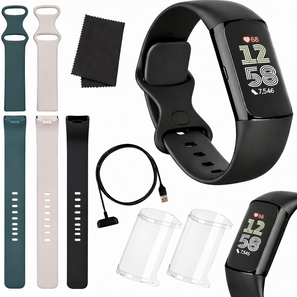 Fitbit Charge 6 Fitness Tracker (Bundle) – Black/Obsidian – Heart Rate, GPS, Sleep & Stress Tracking + Fast Charger, & Cleaning Cloth (Black)