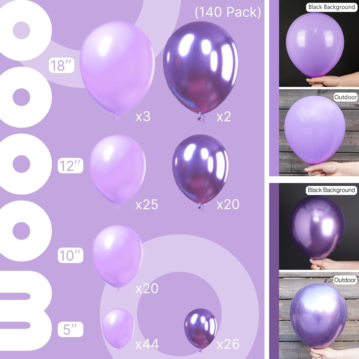 PartyWoo Purple Balloons - 140-Piece Lilac & Metallic Set for Stunning Birthday Decor | 18", 12", 10", 5" Sizes