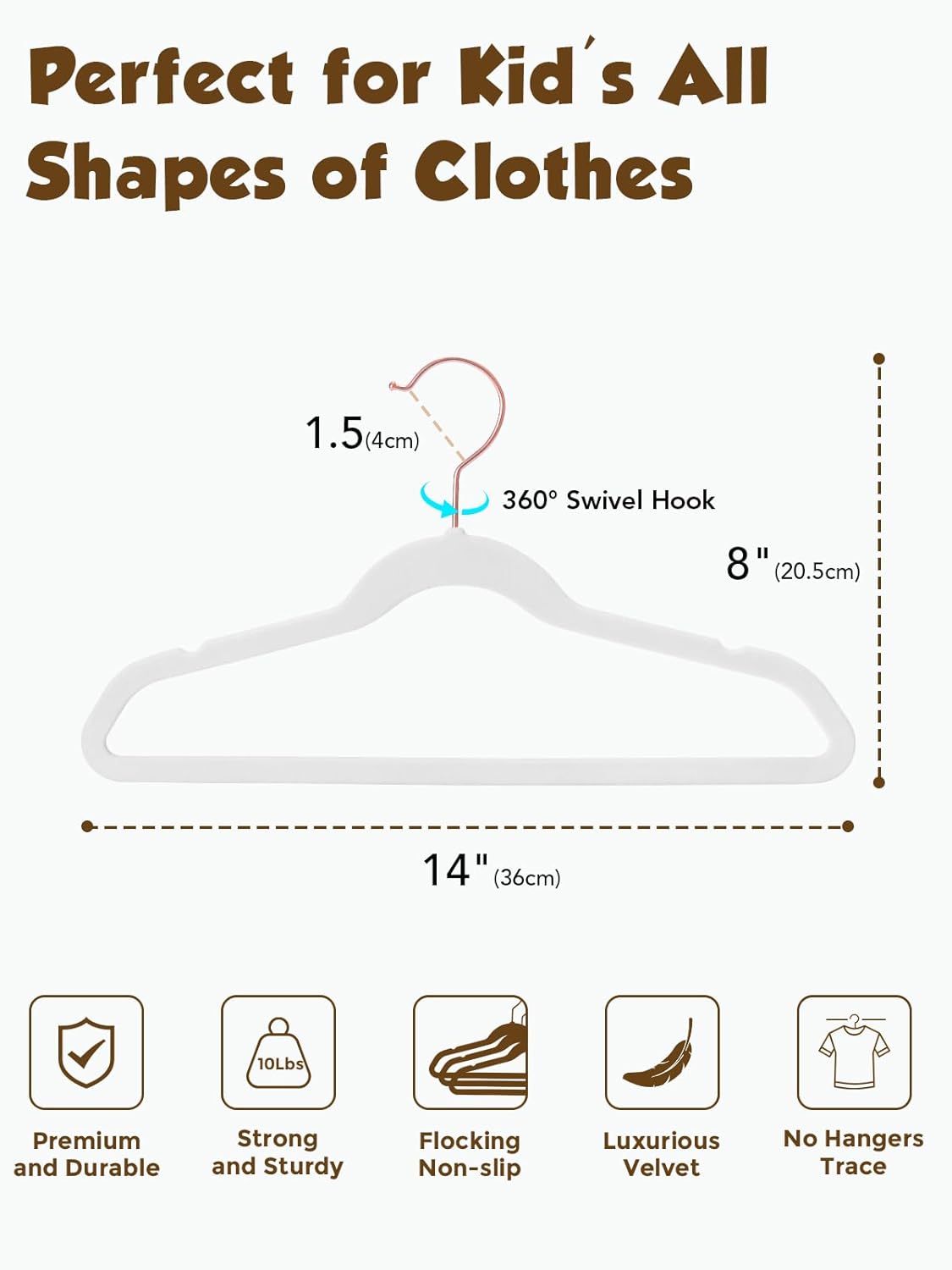 Smartor Kids Velvet Hangers - 50 Pack Premium Non-Slip Felt Hangers for Toddler Clothes | 14 Inch, White with Rose Gold Hook
