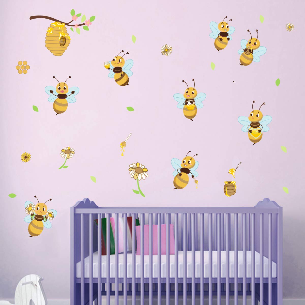 ufengke Yellow Bee Wall Stickers Flower Beehive Branch Wall Decals Art Decor for Kids Bedroom Nursery Playroom