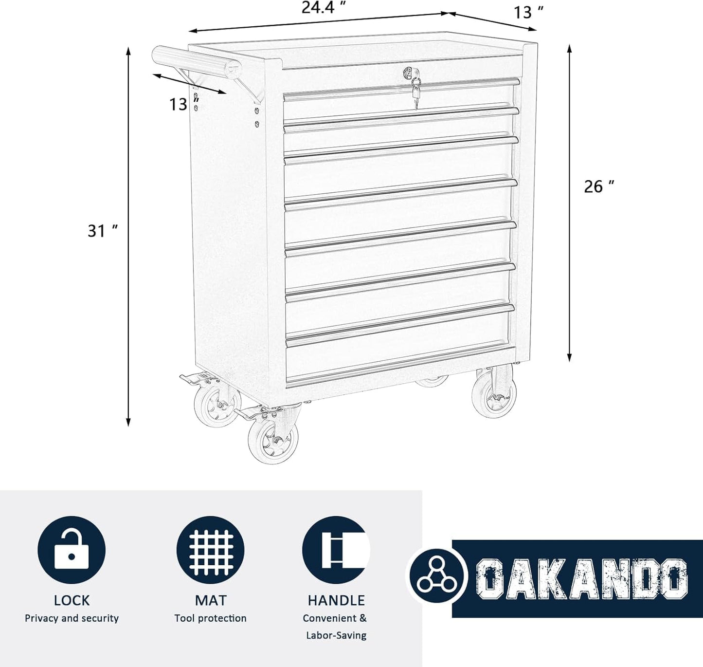 OAKANDO 7-Drawer Metal Rolling Tool Chest with Wheels,Tool Storage Cabinet with Locking System，Toolbox with Wheels for Garage,Workshop, Repair Shop(Black, 7-Drawer)