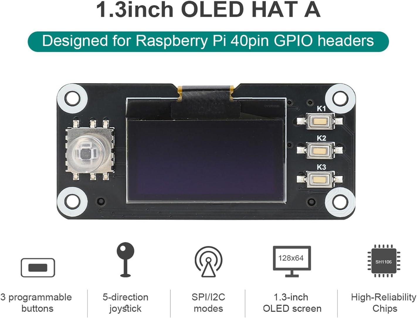 xicoolee 1.3inch 12864 SH1106 SPI/I2C OLED Display HAT for Raspberry Pi, Screen Module with Joystick & Buttons