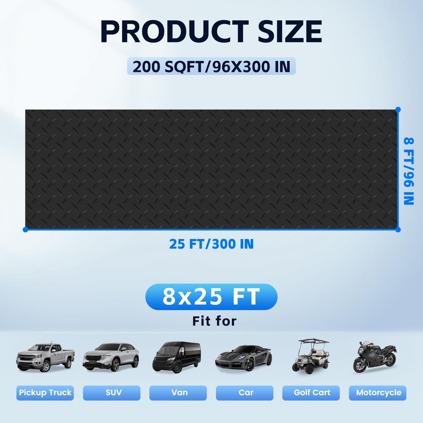 StellarStar 8x25 FT Garage Floor Mat, 2.8mm Thickened PVC Flooring Roll for Under Car, 200 SQFT Diamond Plate Black Garage Mats for Garage, Warehouse, Basement, Factory, Trailer (Include Tapes)