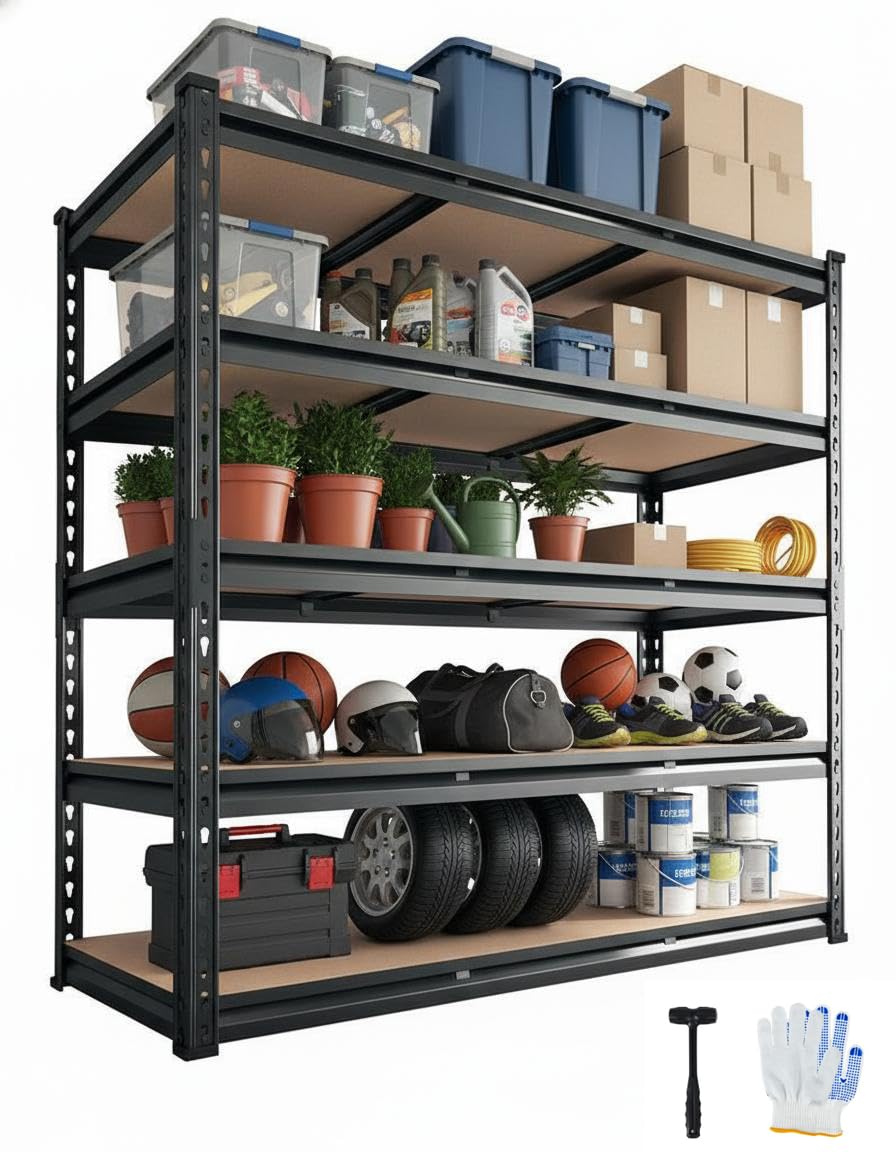 Garage Storage Shelves,60x24x72 Heavy Duty Garage Shelving Metal Adjustable Garage Shelves,5-Tier Adjustable Shelving Units,Loads 2000 LBS,Metal Storage Utility Racks for Warehouse,Pantry, Basement