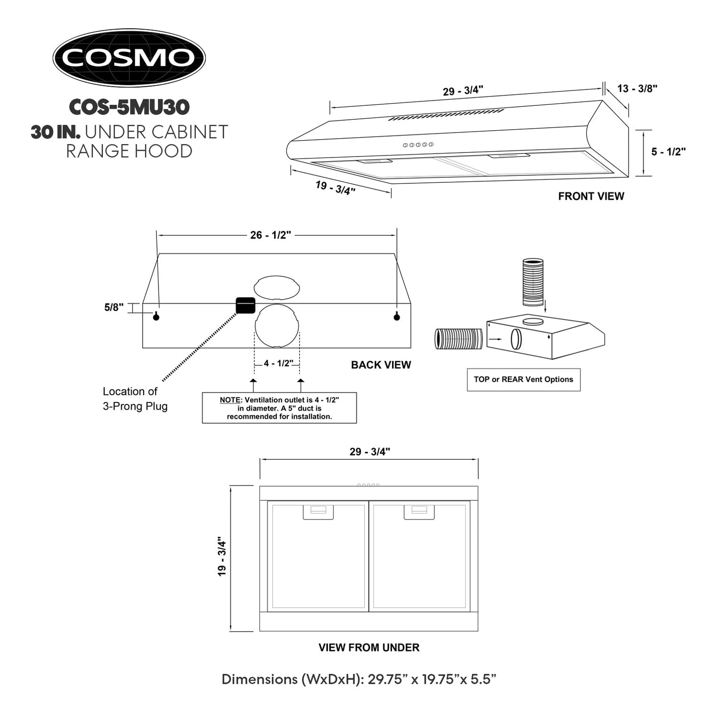 COSMO COS-5MU30 30 in. Delta Collection Ducted Under Cabinet Range Hood, Button Controls, Reusable Filters, LED Lights, Stainless Steel