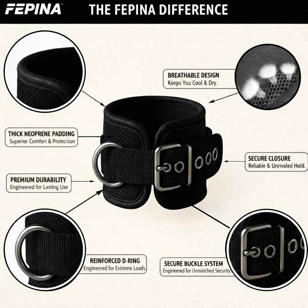 FEPINA Durable Ankle Straps for Cable Machines (2 Pack) – Adjustable Gym Ankle Cuffs for Men & Women, Heavy Duty Buckle Closure, Ideal for Glute Kickbacks, Hip Abductors, Leg & Thigh Workouts (Black, Pair)