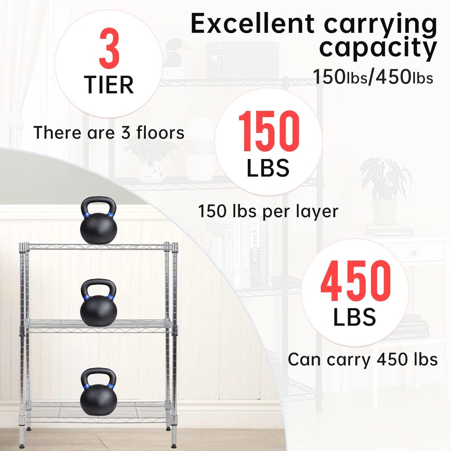 BestOffice Adjustable Metal Storage Shelves - 3-Tier Wire Shelving Unit | 450Lbs Capacity, Chrome Finish