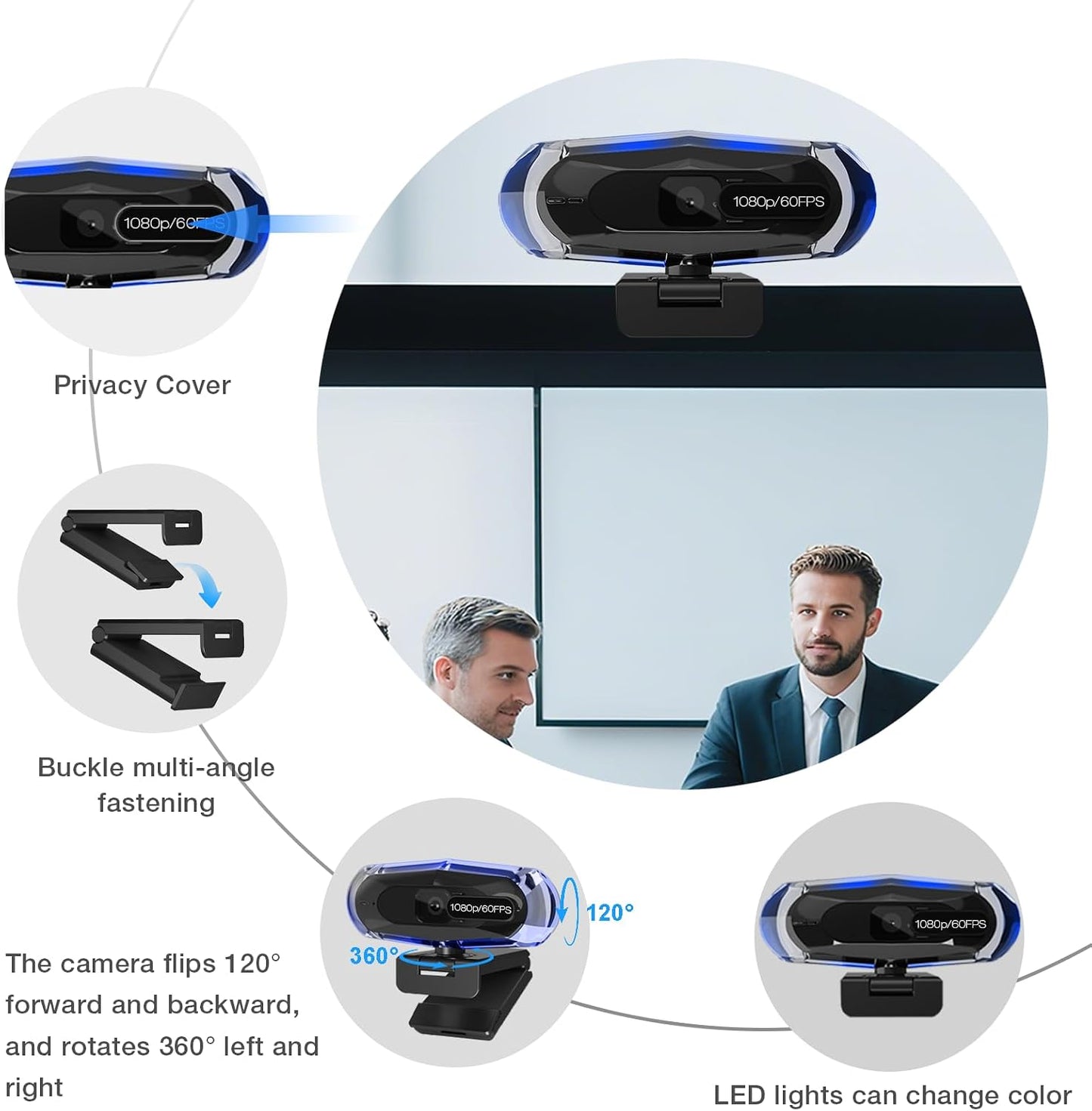 ceabulila 1080P 60FPS Streaming Webcam with Autofocus, Microphone, RGB Light and Tripod, USB Camera for PC/Mac, Plug