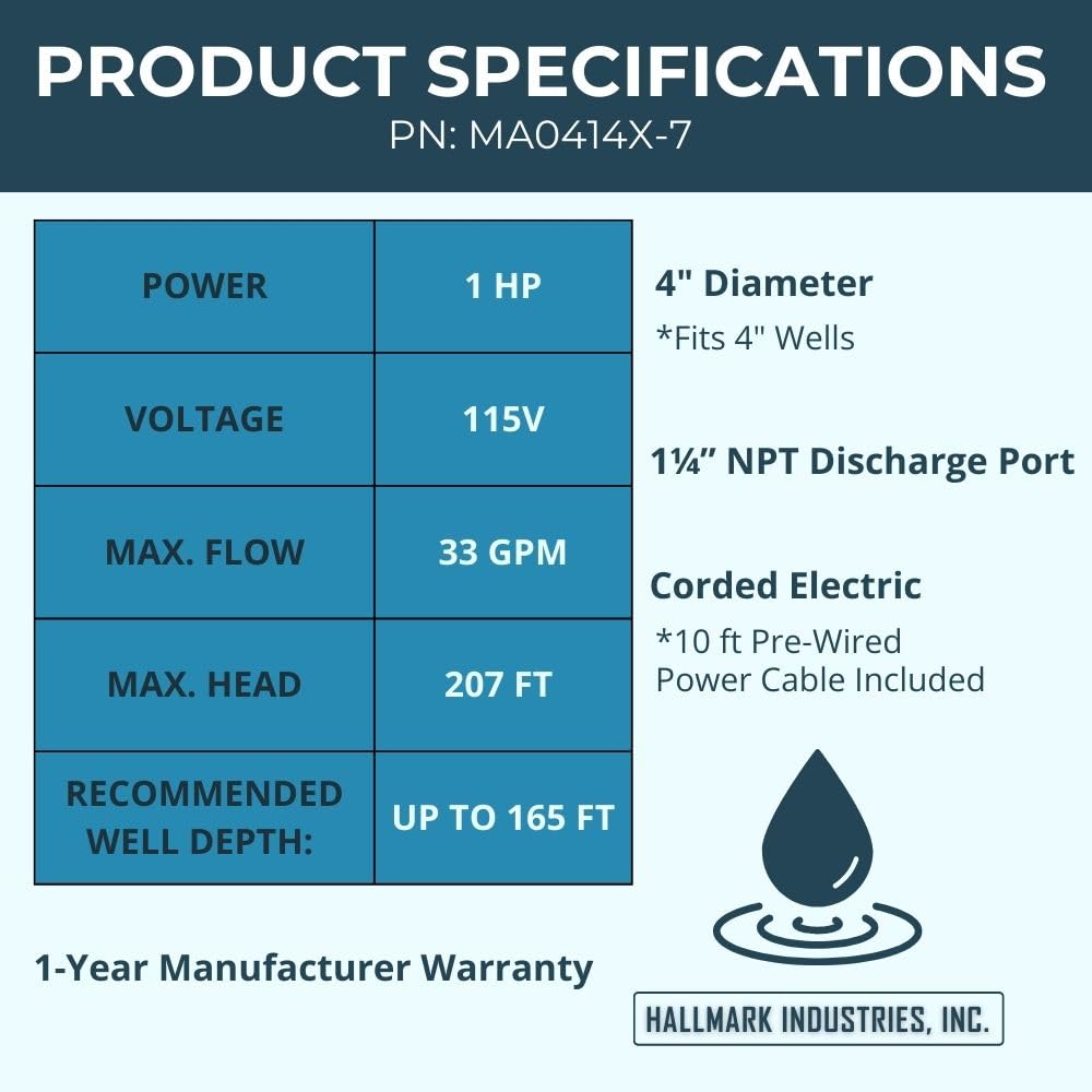 Hallmark Industries MA0414X-7 Deep Well Submersible Pump, 1HP, 110V 60HZ, 33 Gpm, Stainless Steel, Long Life