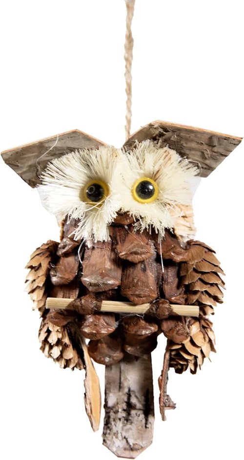 Cartanfill Woodland Animal Owl Ornaments - Set of 6 Assorted Wood & Sisal for Christmas & Thanksgiving