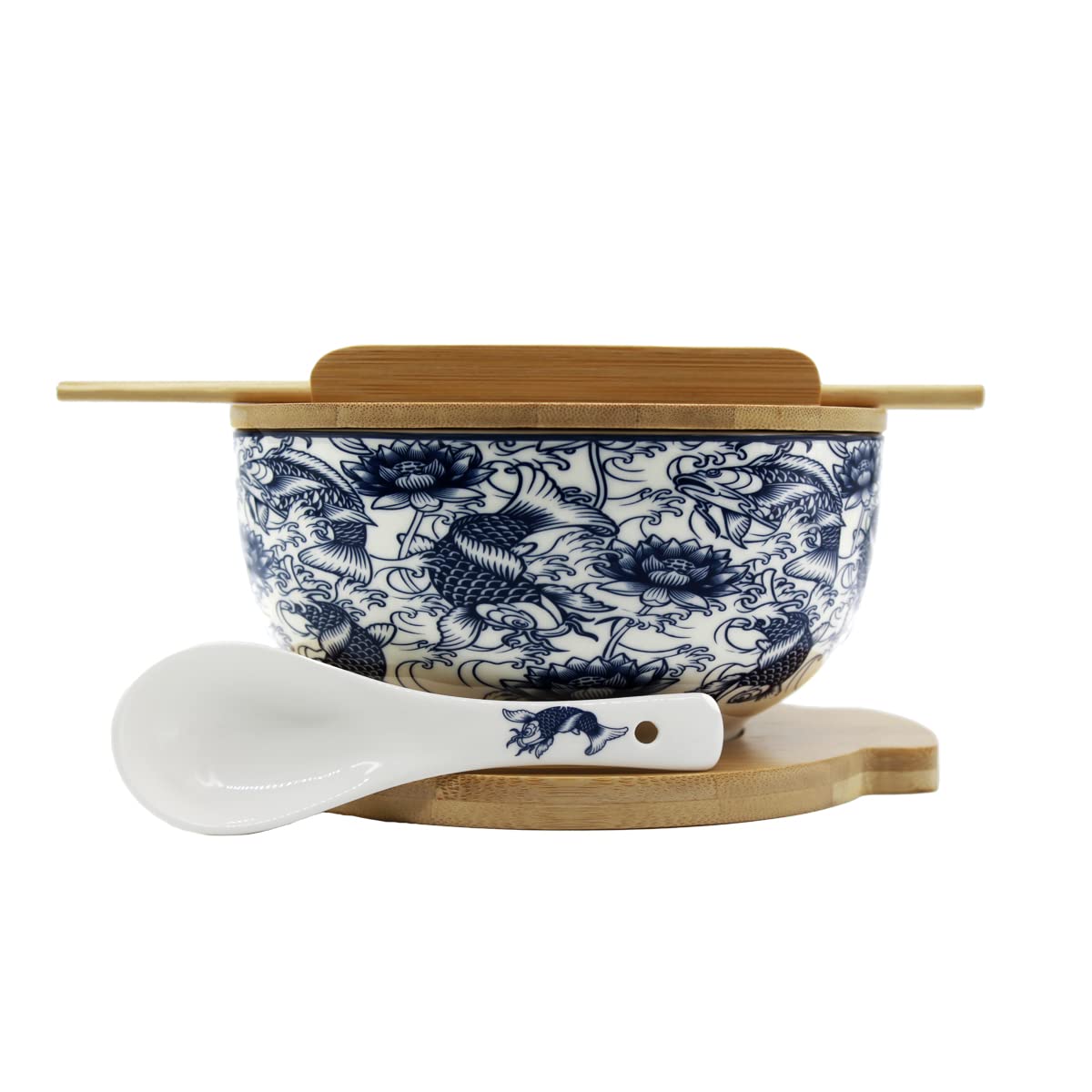 XWORLD Japanese Ceramic Ramen Noodle Bowls Set with Ceramic Spoon, Bamboo Chopsticks, Lid & Trivet, Serving Capacity of 33.8 OZ, Microwavable Oven Safety (3.3” x 6.6” D) (Blue Fish)