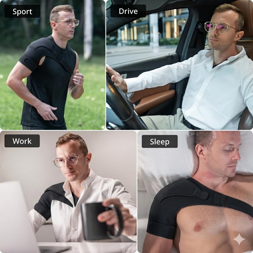 FIGHTECH Rotator Cuff Shoulder Brace for Men and Women - 4 Sizes - Shoulder Support - Pain Relief - Black - Medium/Large (Chest 35-48" Bicep 12-17")