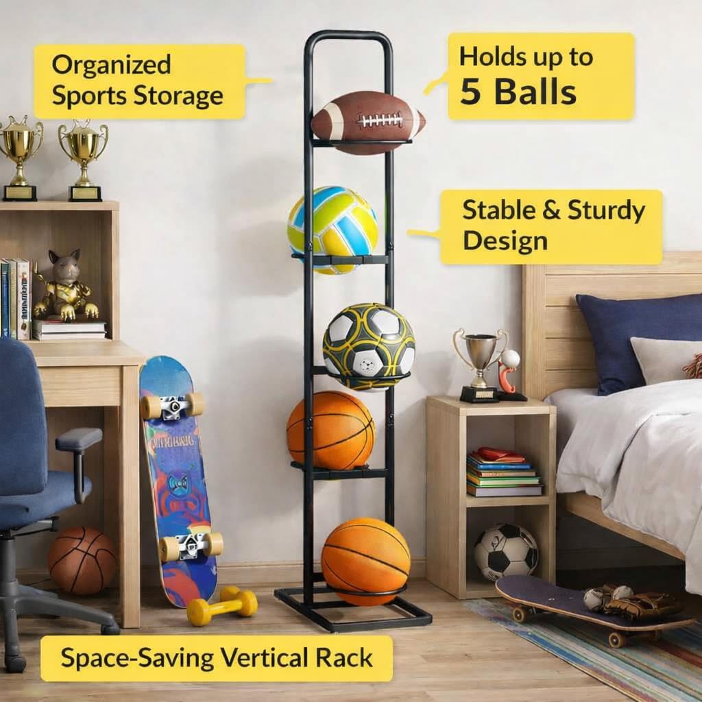 MLUPODY Vertical Ball Rack -basketball rack- Durable Carbon Steel Storage for Basketball, Soccer, Volleyball, and More - Easy to Assemble, Waterproof, Sturdy - 56.7" H