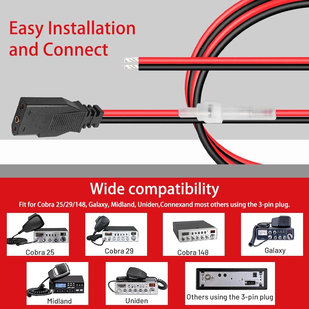 WoTravelPaL 3-Pin 2-Wire, 16AWG 1.5M 15A CB Radio Power Cord Heavy-Duty Fused Power Cable with Fuse, Compatible