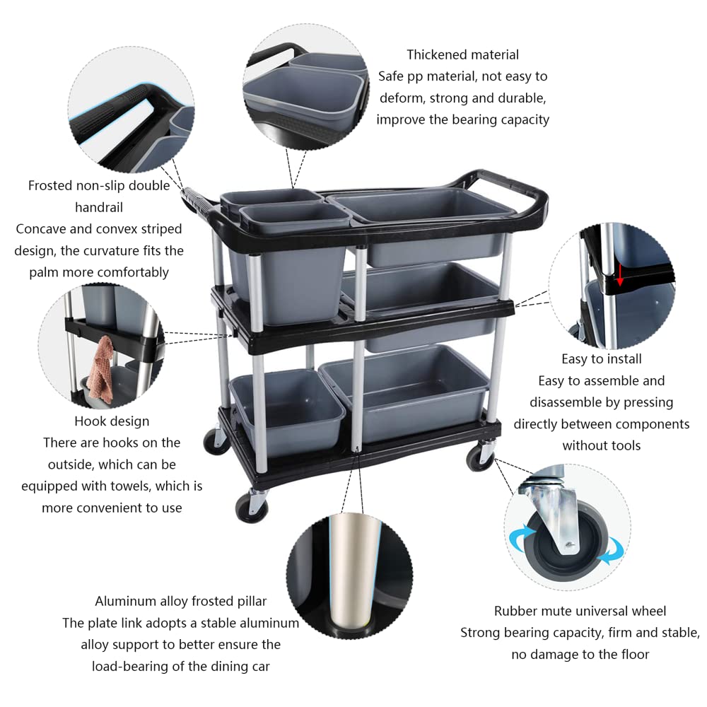 ZQZ-Store 3 Tier Heavy Duty Commercial Grade Utility Cart with Wheels, Storage Cart Multi-Function Mobile Shelving Unit Organizer for Hotel, Restaurant, Kitchen, Bedroom, Laundry Room