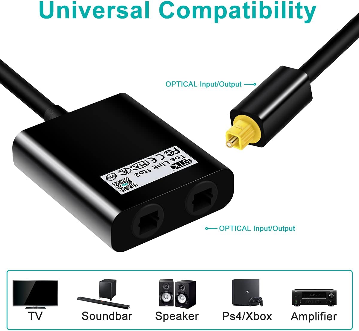 EMK 1x2 1 2 Optical Splitter - In Out Digital Audio Splitter - Compatible With Home Theater, Sound Bar, TV, Blu-ray