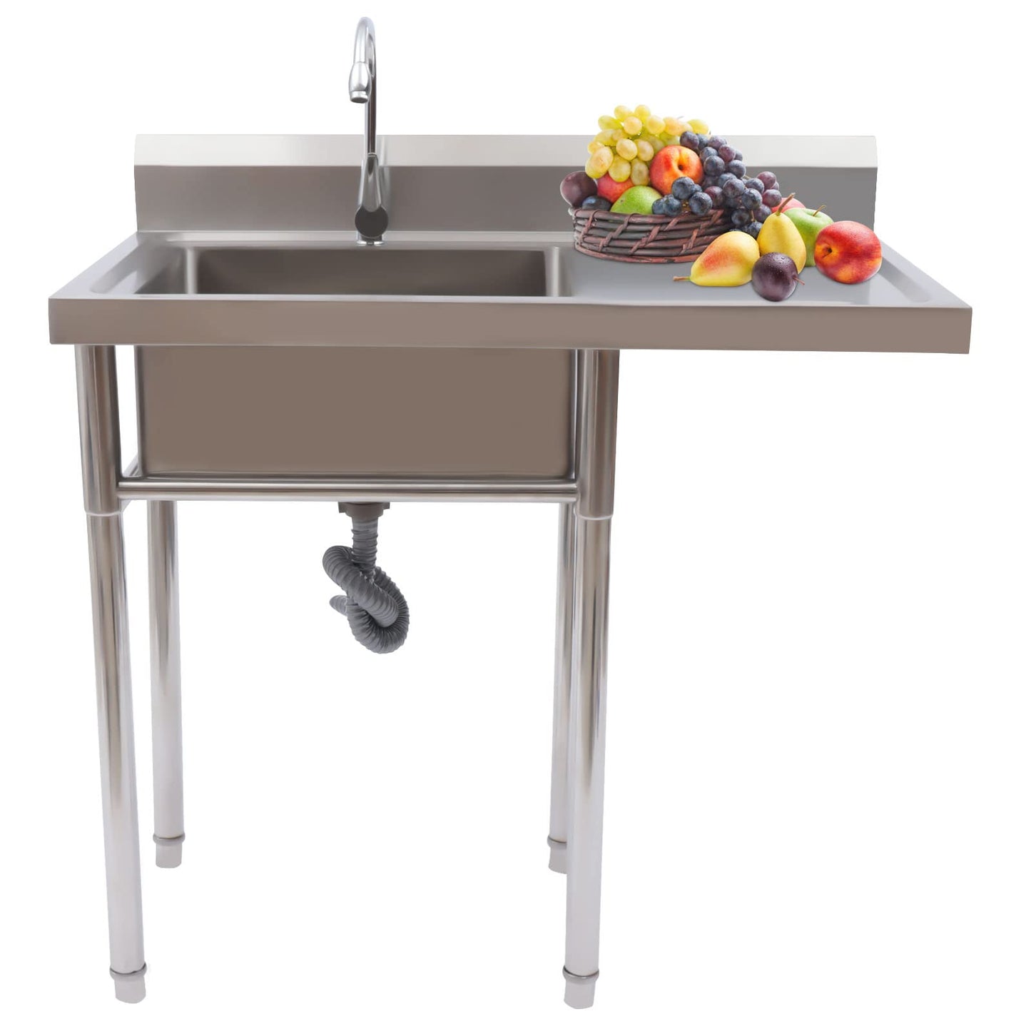 Free Standing Single Bowl Sink,Commercial Restaurant Kitchen Sink Set w/Faucet&Drainboard,1 Compartment Utility Washing Hand Basin w/Workbench&Storage Shelves for Indoor Outdoor (One Bowl)