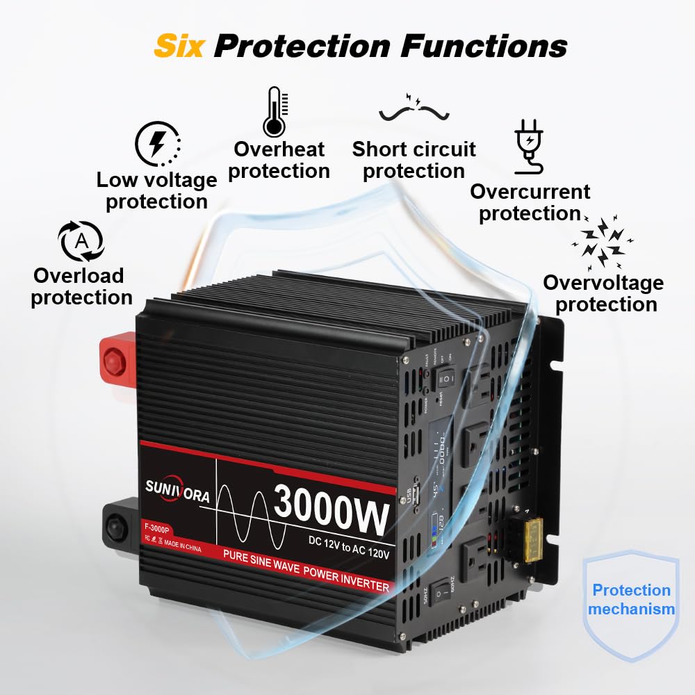 3000 Watt Pure Sine Wave Power Inverter, 12V DC to 110V/120V AC Converter 6000W Peak, with Remote Control LCD, 4 AC Outlets & USB Port & Hardwire Terminal, for Car Truck RV Camping Solar System EPS