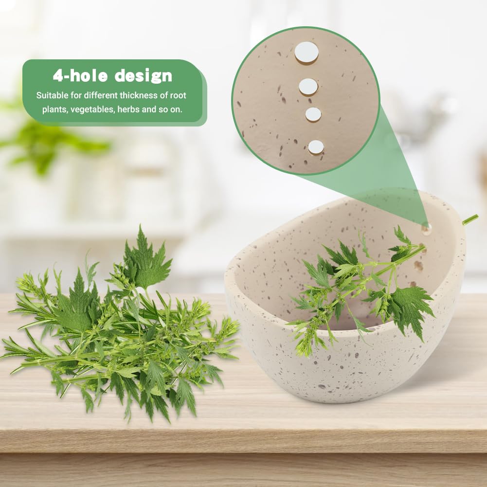 Pottery Herb Stripper Bowl, Handmade Herb Stripper Ceramic Bowl with 4-Slot Different Hole Sizes for Kale, Herbs & Broccoli, Efficient Peeling Off the Leafy Assembly(White)