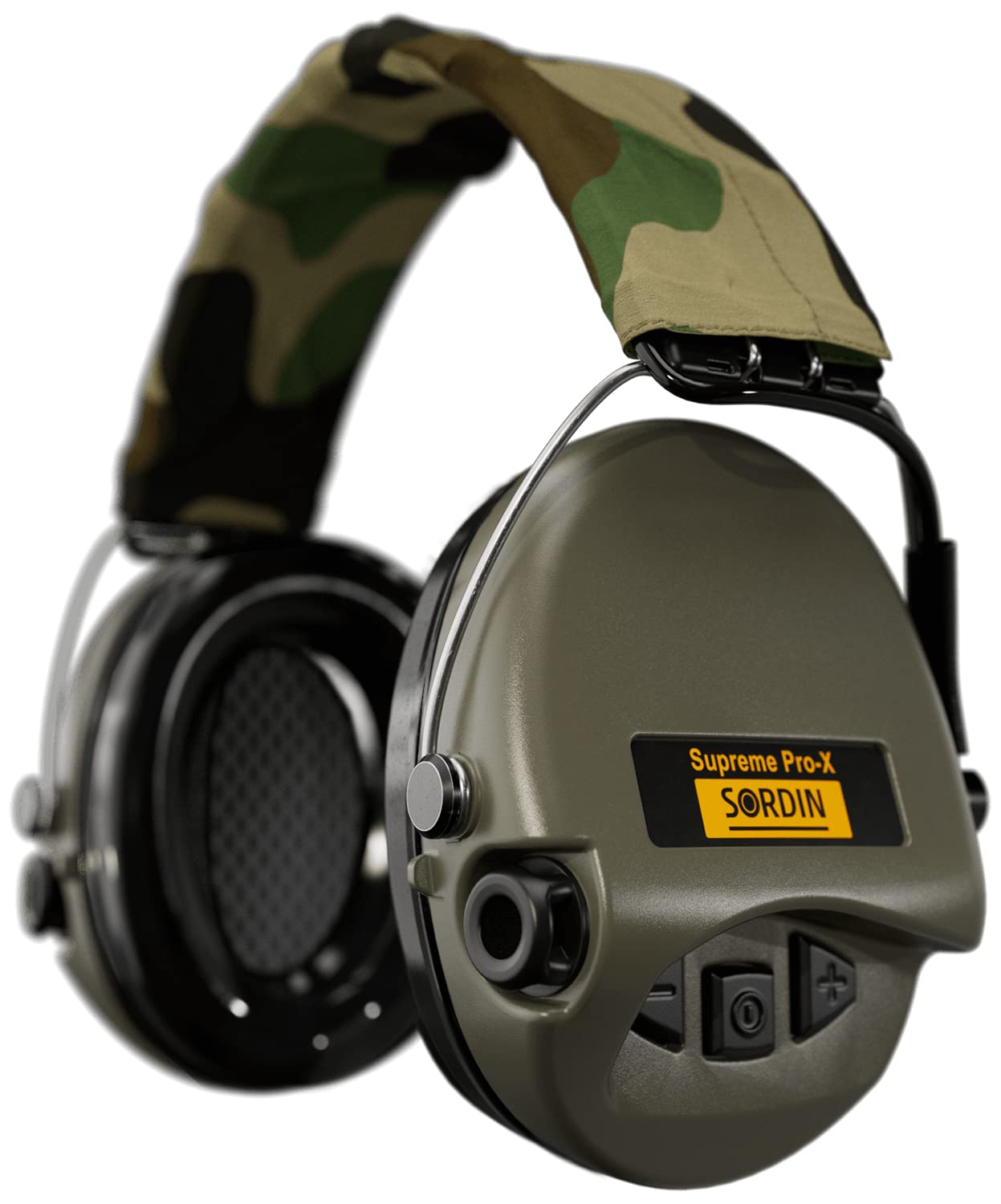 Sordin Pro-X Ear Muffs - 75302-X-G-S - Active and Electronic Ear Defenders w/Camo Headband - Gel Pads - Olive